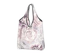 YOFIEN Purple And Grey Floral Foldable Tote Bag Reusable Large Capacity Shopping Bags