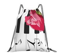 YOFIEN Red Rose On Piano Musical Notes Water Drawstring Backpack Resistant String Bag for Women Men Sports Gym Sackpack