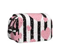 YOFIEN Romantic Heart Rose Gold Sequin Stripe Pencil Pouch Portable Double Layer Stationery Organizer