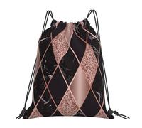 YOFIEN Rose Gold Marble Pink Black Geometric Water Drawstring Backpack Resistant String Bag for Women Men Sports Gym Sackpack