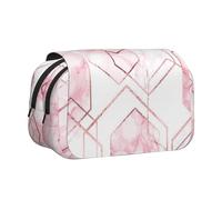 YOFIEN Seamless Geometric Pattern with Gold Glitter Lines and Rose Marble Pencil Pouch Portable Double Layer Stationery Organizer
