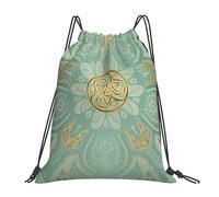 YOFIEN Soft Sage Green And Gold Celtic Mandala Water Drawstring Backpack Resistant String Bag for Women Men Sports Gym Sackpack