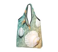 YOFIEN Starfish And Seashell Pattern Foldable Tote Bag Reusable Large Capacity Shopping Bags