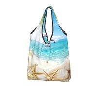 YOFIEN Starfish Beach Sea Palms Printed Foldable Tote Bag Reusable Large Capacity Shopping Bags