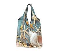 YOFIEN Starfish Seashell Beach Printed Foldable Tote Bag Reusable Large Capacity Shopping Bags