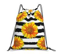 YOFIEN Sunflowers On Black And White Stripes Background Water Drawstring Backpack Resistant String Bag for Women Men Sports Gym Sackpack