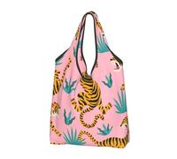 YOFIEN Tigers Dancing On Pink Asian Tiger Gold Orange And Black Foldable Tote Bag Reusable Large Capacity Shopping Bags