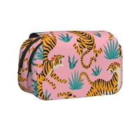 YOFIEN Tigers Dancing On Pink Asian Tiger Gold Orange and Black Pencil Pouch Portable Double Layer Stationery Organizer