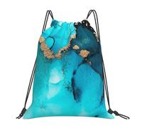 YOFIEN Trendy Abstract Teal Gold Swirls Water Drawstring Backpack Resistant String Bag for Women Men Sports Gym Sackpack