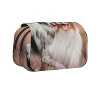 YOFIEN Two Australian Shepherd Border Collie Pencil Pouch Portable Double Layer Stationery Organizer