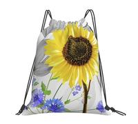 YOFIEN Watercolor Yellow Sunflowers Blue Flowers Water Drawstring Backpack Resistant String Bag for Women Men Sports Gym Sackpack