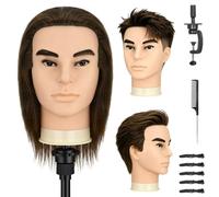 Yofuly 13" Male Mannequin Head with 100% Real Human Hair Styling, Doll Head for Barber Exam & Styling Practice Training, Professional Haircut Manikin with Clamp Stand(Brown)