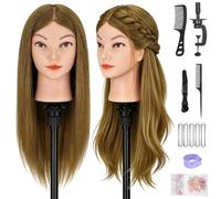 Yofuly 18" Hairdressing Training Head, 100% Real Hair Mannequin Head, Manikin Cosmetology Doll Head for Braiding & Hair Styling, Hair Practice Head with Table Clamp + DIY Braid Set(Light brown)