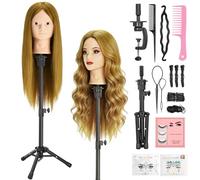 Yofuly 23" Hairdressing Head, 80% Real Human Hair Training Head with Wig Stand Tripod, Make-up Doll Head for Hair Styling, Mannequin Manikin Heads with Table Clamp + DIY Braid Set(Light Brown)