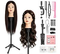 Yofuly 23" Hairdressing Training Head, 80% Real Hair Mannequin Head with Wig Stand Tripod, Doll Head for Hair Styling with Table Clamp + DIY Braid Set(Dark Brown)
