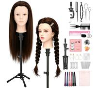 Yofuly 24" Hairdressing Head with Wig Stand Tripod, 80% Real Human Hair Training Head with Pierced Ears, Make-up Doll Head for Hair Styling, Mannequin Heads with Table Clamp + DIY Braid Set(Brown)