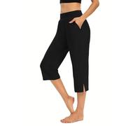 Yoga and Pilates trousers, pyjama trousers, women, wide trousers, summer, light, soft, comfortable, cotton, short trousers, plain, casual, knee-length, elegant summer trousers, with pockets, shorts, 3