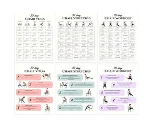 Yoga Chart - 6 Piece Workout Exercise Poster | 30 Day Chair Exercise Chart for Adults Travel Morning Work Family Friends Bodybuilding Sport Workout with