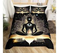 Yoga Duvet Cover Set Chakra Meditation Bedding Sets Double,Gold Mandala Lotus Comforter Cover Hippie Style Exotic Boho Bed Set,Bohemian Hamsa Eye Room Decor