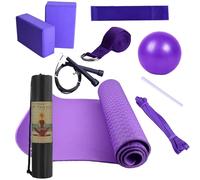 Yoga Kit | 10 Piece Home Fitness Set with 7mm Thick Mat and Ball, Resistance Bands, Stretching Strap & Carry Bag | Complete Portable Workout Equipment