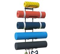Yoga Mat Holder Wall Mount, Wall Rack Organizer, Storage Foam Roller and Block, with 5 Sectional and 3 Hooks for Hanging Yoga Strap, Resistance Bands at Fitness Class or Home Gym, Decor(Black)