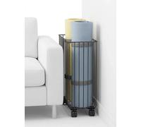 Yoga Mat Storage Rack Basket with Wheels - Home Gym Organizer for Small Apartment & Workout Corner - Slim Metal Rolling Cart Holder for Foam Rollers, Resistance Bands & Exercise(Black)