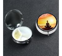 Yoga Meditation Pill Box with Mirror 3 Compartment Decorative Pill Case for Purse or Pocket Small Round Pill Organizer Weekly Metal Medicine Tablet Vitamin Holder Travel Gift