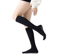 Yoga Pilates Socks with Grips for Women Non Slip Compression Cushioned Knee High Over the Calf Socks for Barre Ballet Dance, Black, One size