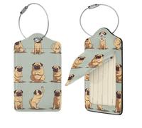 Yoga Pug Cute Luggage Tag PU Leather Suitcase Tags Identifiers Travel Tags with Privacy Protection and Stainless Steel Loop Luggage Bag Tag for Women Men, Black, 4 pcs