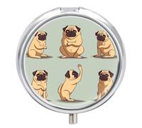 Yoga Pug Pill Box 3 Compartment Small Pill Case with Mirror for Purse & Pocket Travel Medicine Organizer Daily Medication Container Portable Pillbox Metal Medicine Box Round Meds Case