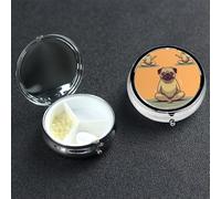 Yoga Pug Pill Box with Mirror 3 Compartment Decorative Pill Case for Purse or Pocket Small Round Pill Organizer Weekly Metal Medicine Tablet Vitamin Holder Travel Gift