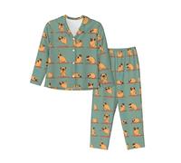 Yoga Pug Print Women'S Pajama Set, Long Sleeve Button Down Pjs Sleepwear, Cozy Lounge Nightwear, Black, M
