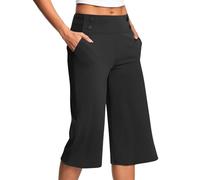 Yoga Shorts for Women High Waist Solid Colour Elasticated Waist Wide Leg Pants with Pockets Lightweight Breathable Knee Length Shorts Loose Casual Capri Pants Quick Dry Summer Short Trousers Black