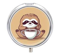 Yoga Sloth Coffee Medicine Pill Case, 3 Compartment Round Pill Box, Portable Decorative Medicine Organizer for Pocket Or Purse Vitamin Organize