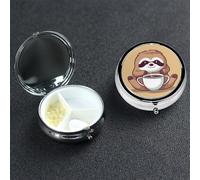 Yoga Sloth Coffee Pill Box 3 Compartment Round Portable Pill Case for Pocket or Purse Pill Holder Weekly Pill Organizer Decorative Metal Medicine Vitamin Organizer Travel Gift
