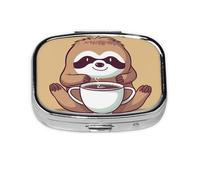 Yoga Sloth Coffee Print Pill Box Square Pill Case 2 Compartment Small Metal Medicine Organizer Portable Travel Pillbox for Pocket Purse Cute Mini Pill Container to Hold Daily Vitamins