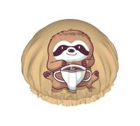 Yoga Sloth Coffee Shower Cap Reusable Waterproof Shower Bonnet for Women Men Elastic Band Bath Hair Hat Double Layered Washable Bath Cap for All Hairstyles, Travel-Friendly