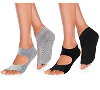 Yoga Socks For Women Toeless Pilates Grip Socks Mid Calf Anti Non Slip Slipper Socks Breathable Grippy Pilates For Ballet, Dance, Workout, Fitness,Yoga,Trampoline 2 Pairs Black Grey