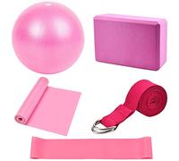Yoga Starter Kit 5Pcs - Blocks and Strap Set, Pilates Ball, Exercise Resistance Loop Band, Stretching Belt - Equipment and Accessories for Home, Gym Training (Pink)