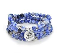Yoga Symbol Charm 108 Mala Beads Meditation Bracelet or Necklace for Men or Women (Blue Spot Jasper Agate)