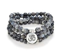 Yoga Symbol Charm 108 Mala Beads Meditation Bracelet or Necklace for Men or Women (Grey Labradorite)