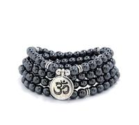 Yoga Symbol Charm 108 Mala Beads Meditation Bracelet or Necklace for Men or Women (Hematite)