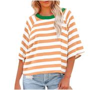 Yoga Tops for Women UK Womens Summer Tops Striped Color Block Half Sleeve Crewneck Shirt Y2k Loose Tops Soft Oversized Cotton Tshirts for Women Teen Girl Ladies Graphic Tee T Shirts Orange