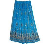 Yoga Trendz Women's Indian Sequin Crinkle Broomstick Gypsy Long Skirt (Turquoise)