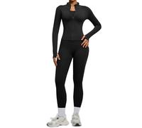 Yoga Workout 2 Piece Set Women Seamless Long Sleeve Zipper Jacket High Waist Butt Lifting Leggings Gym Active Stretch Fitness Wear Set(Black, L)
