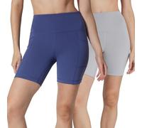 Yogalicious Womens 5”, 7” High Waisted Biker Shorts Squat Proof Workout Yoga Short 2 Pack, Skipper Blue (W/ Pocket) / Htr.grey (No Pocket) 7", S
