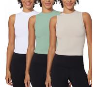 Yogalicious Womens Cotton Tank Top Mock Neck Super Soft Jersey Fitted Basic Sleeveless Summer Shirts 1 Pack, 2 Pack, 3 Pack, White/Nacreous Cloud/Green Milieu 3 Pack, L