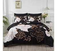 Yogeneg 7 Piece Bed in a Bag Queen Comforter Set Botanical Floral Bedding Set,White Flowers Leaves Printed on Black Reversible Design,Soft Microfiber Comforter with Sheet Set,All Season(Black,Queen)