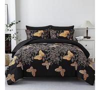 Yogeneg 7 Piece Bed in a Bag Queen Size Comforter Set Black Bedding Set,Gold Butterfly Leaves Printed on Black Reversible Design,Soft Microfiber Comforter with Sheet Set,All Season(Butterfly,Queen)