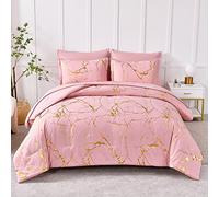 Yogeneg Gold Metallic Marble Comforter Set Queen Size,7 Piece Bed in a Bag,Foil Print Glitter Pink Comforter and Sheet Set,All Season Soft Microfiber Complete Bedding Sets(Pink,Queen)